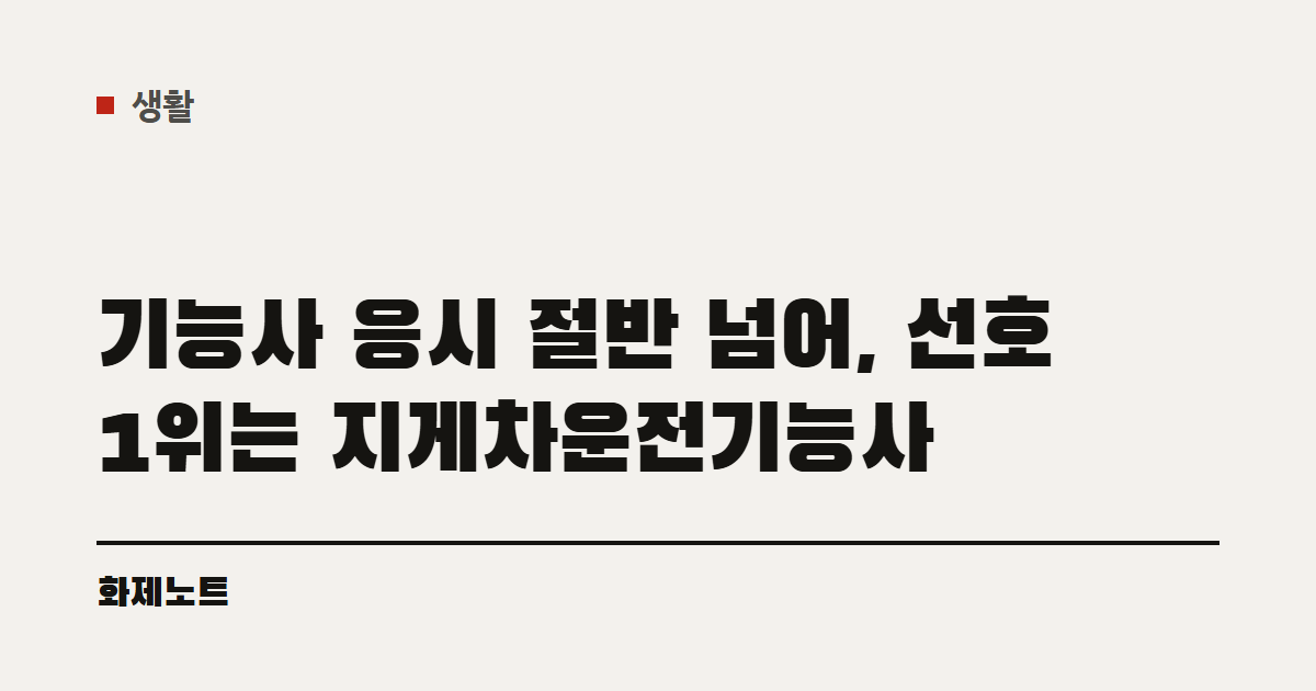 생활 분류 표시와 기능사 선호 1위 글 제목이 적힌 화제노트 글자 카드입니다.